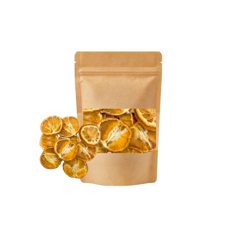 Suszona mandarynka, idealna jako dodatek do dekoracji świątecznej. Zapakowana w doypak. Posiada bardzo żywe naturalne kolory