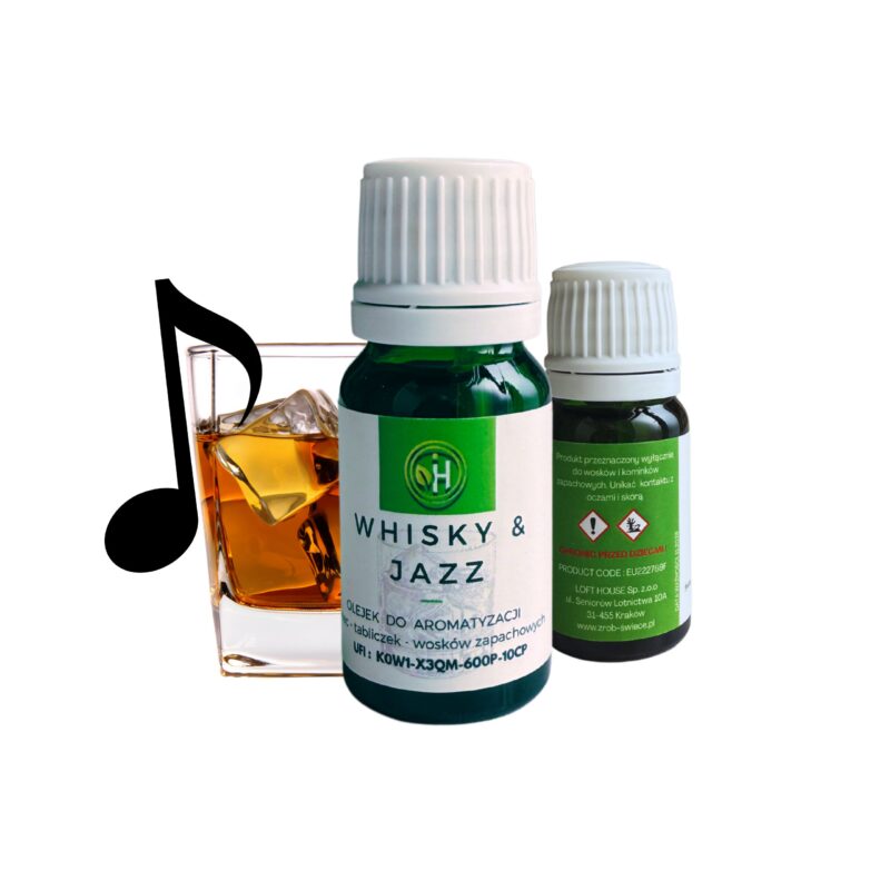 Olejek do wosków sojowych o zapachy Whisky & Jazz a co za tym idzie idealny również do świec, wosków zapachowych do kominka , tabliczek zapachowych. W zielonej szklanej butelce z białą zakrętką na białym stole
