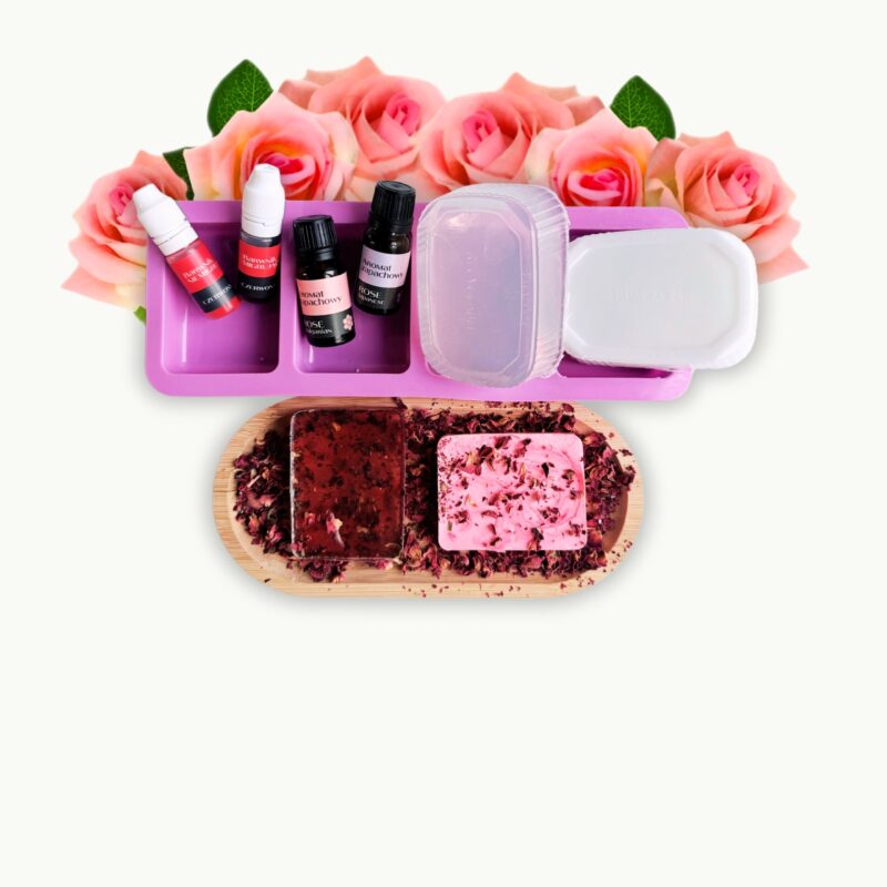 Praktyczny zestaw do zrobienia mydła różanego. w zestawie baza mydlana biała bezbarwna, olejki foremka susz róży barwniki