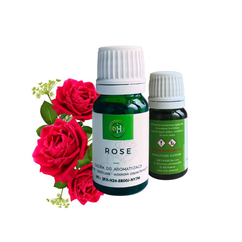 Olejek do wosków sojowych o zapachu róży a co za tym idzie idealny również do świec, wosków zapachowych do kominka , tabliczek zapachowych. W zielonej szklanej butelce z białą zakrętką na białym stole