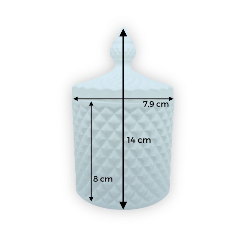 Pojemnik wraz z zakrętką do zalewu świec stojący na stole kolor biały mat z wymiarami