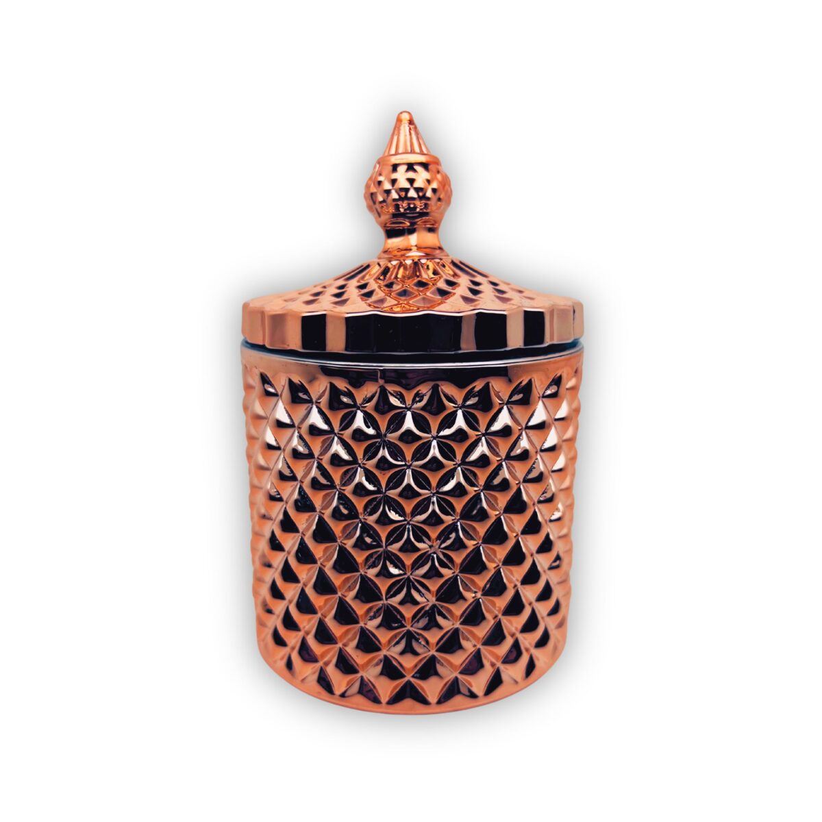 Pojemnik wraz z zakrętką do zalewu świec stojący na stole kolor złoty połysk