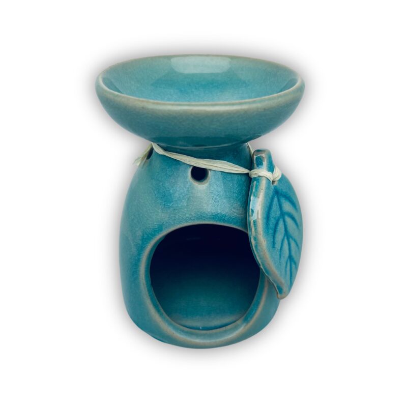 kominek zapachowy duży z liściem z ceramiki koloru niebieskiego