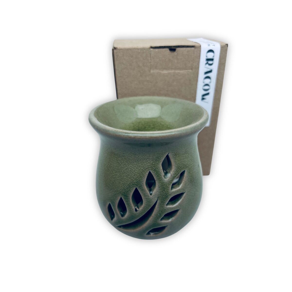 Mały kominek zapachowy koloru zielonego do olejków zapachowych z pudełkiem
