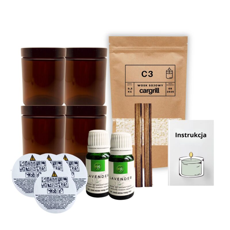Zestaw do robienia świecy w którym widzicie 4 słoiki 120 ml wosk sojowy olejki zapachowe do wosków zapach do wyboru, knoty i obszerna instrukcja jak zrobić swoja pierwszą świece