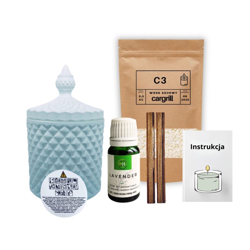 Zestaw do robienia świecy w którym widzicie szkło kryształowe o kolorze białego matu, wosk sojowy olejki zapachowe do wosków zapach do wyboru, knoty i obszerna instrukcja jak zrobić swoja pierwszą świece