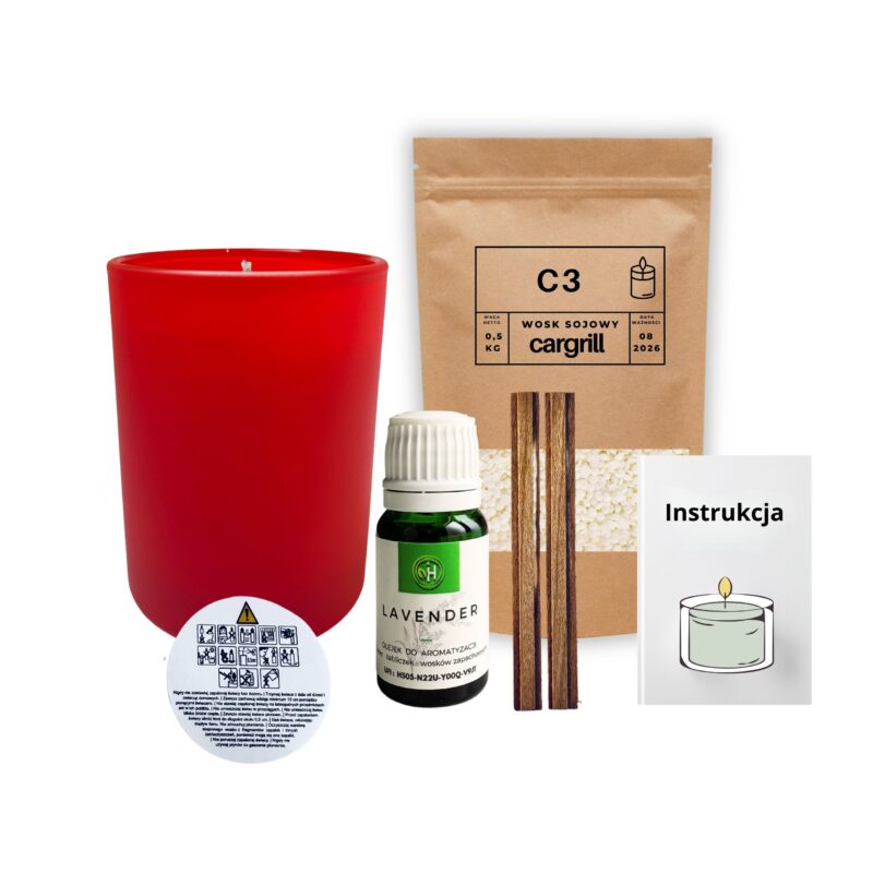 Zestaw do robienia świecy w którym widzicie szkło o kolorze czerwonego matu, wosk sojowy olejki zapachowe do wosków zapach do wyboru, knoty i obszerna instrukcja jak zrobić swoja pierwszą świece
