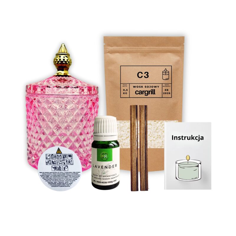 Zestaw do robienia świecy w którym widzicie szkło kryształowe o kolorze różu ze złotymi zdobieniami, wosk sojowy olejki zapachowe do wosków zapach do wyboru, knoty i obszerna instrukcja jak zrobić swoja pierwszą świece
