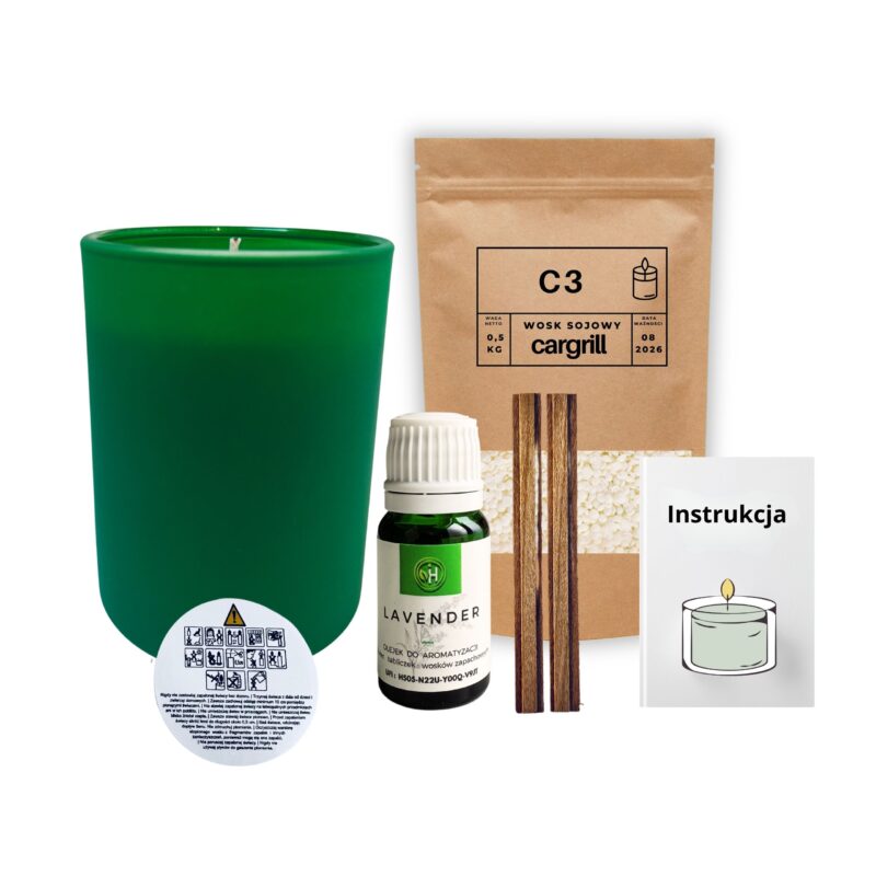 Zestaw do robienia świecy w którym widzicie szkło o kolorze zielonego matu, wosk sojowy olejki zapachowe do wosków zapach do wyboru, knoty i obszerna instrukcja jak zrobić swoja pierwszą świece
