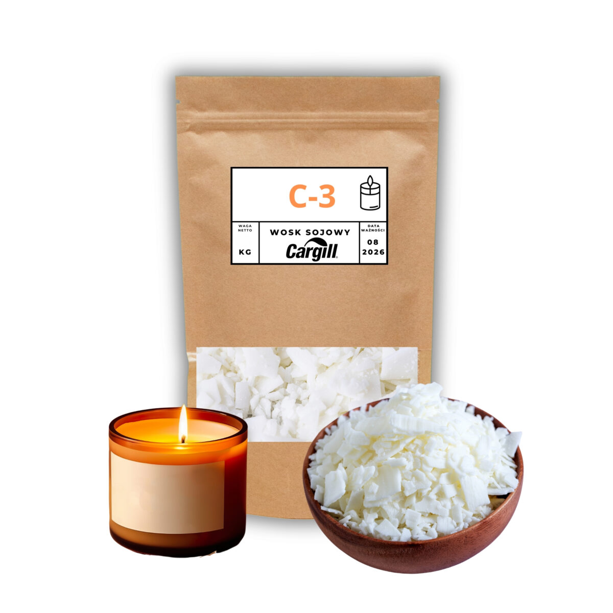 Znakomity wosk sojowy amerykańskiej firmy Caargill idealny do świec zalewowych.