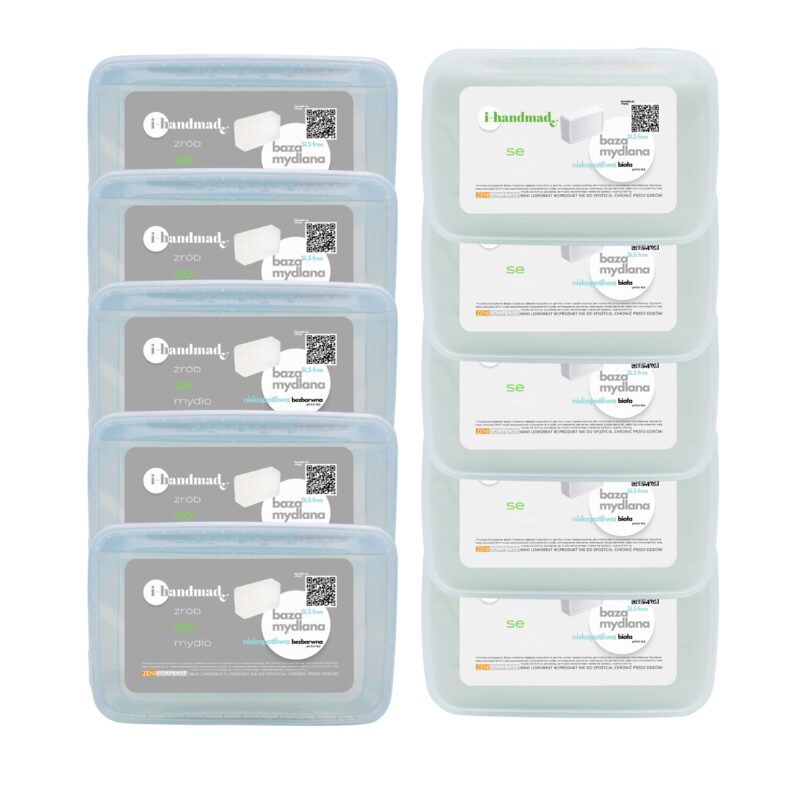 zestaw 10 kg bazy mydlanej pakowanej po 1 kg w plastikowych opakowaniach 5 kg bezbarwnej oraz 5 kg białem