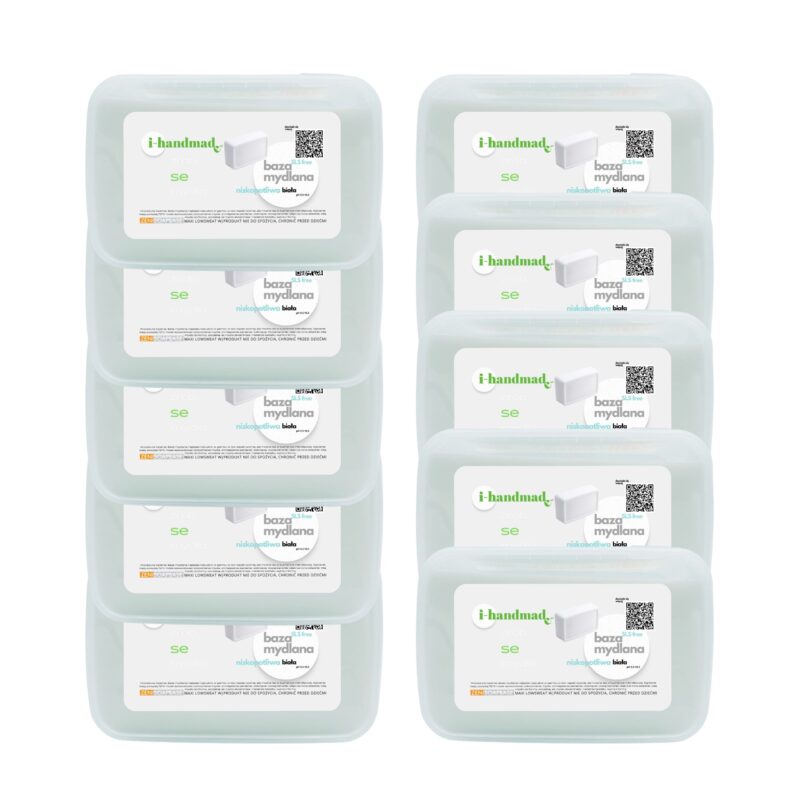 zestaw 10 kg bazy mydlanej białej pakowanej po 1 kg w plastikowych pojemnikach.