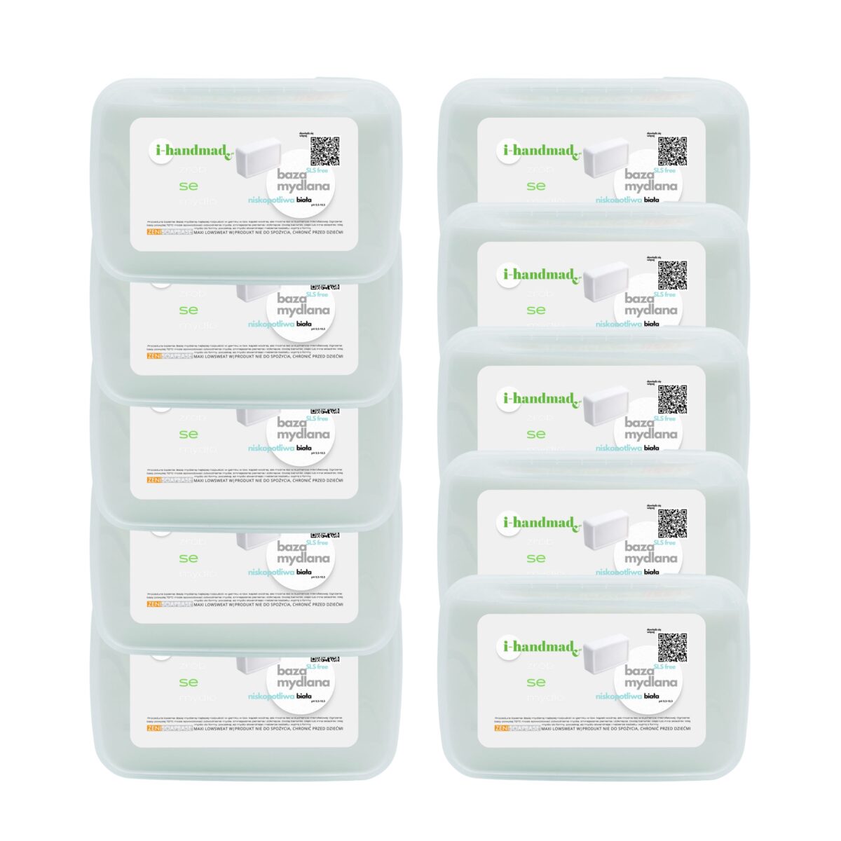 zestaw 10 kg bazy mydlanej białej pakowanej po 1 kg w plastikowych pojemnikach.