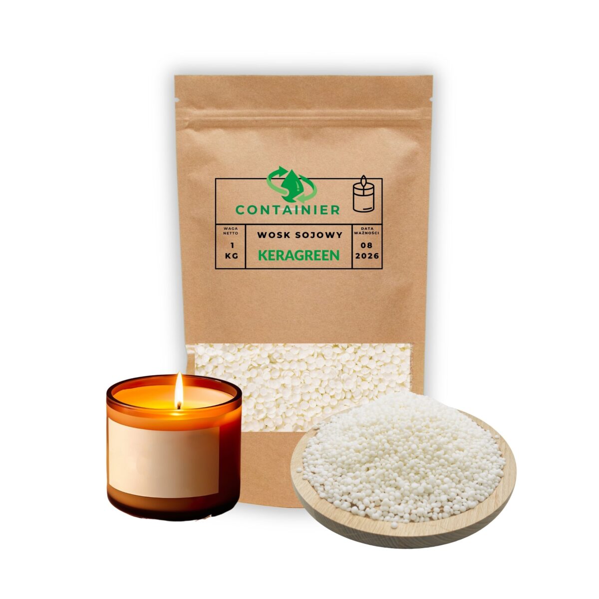 Wosk sojowy w kapsułkach do świec zalewanych w naczyniach keragreen container