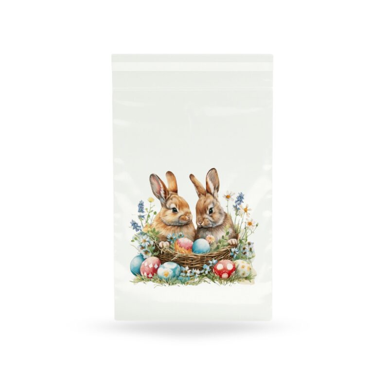 Worek na prezenty przezroczysty z nadrukiem króliczka oraz pisanek idealny do pakowania prezentów na Wielkanoc