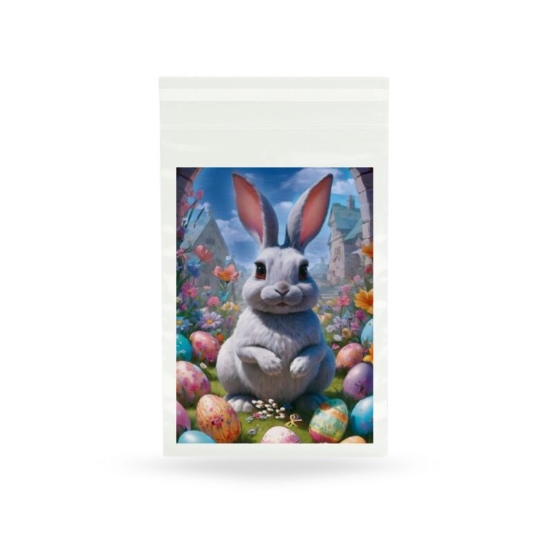 Worek na prezenty przezroczysty z nadrukiem króliczka oraz pisanek idealny do pakowania prezentów na Wielkanoc