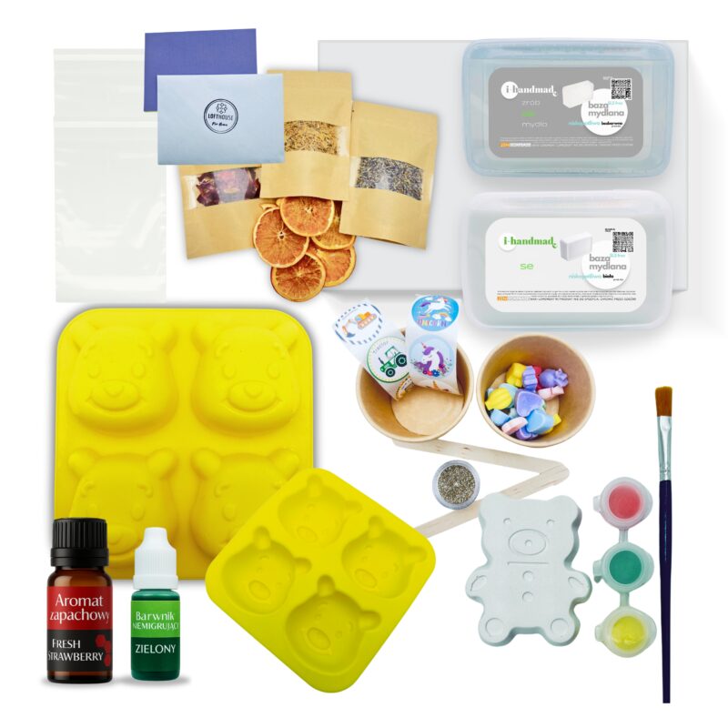 Zestaw do robienia mydełek dla dzieci w zestawie foremka w misie barwniki olejki baza mydlana małe mydełka najklejka i gratis kolorowanka