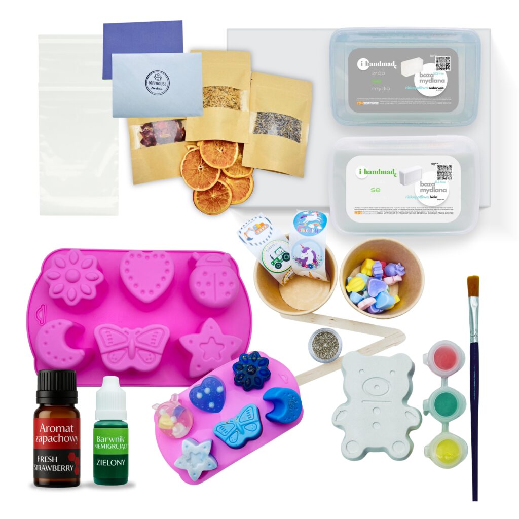 Zestaw do robienia mydełek dla dzieci w zestawie foremka w różne kształty barwniki olejki baza mydlana małe mydełka najklejka i gratis kolorowanka