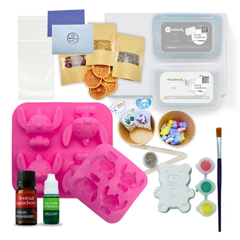 Zestaw do robienia mydełek dla dzieci w zestawie foremka w małe figurki sticha arwniki olejki baza mydlana małe mydełka najklejka i gratis kolorowanka