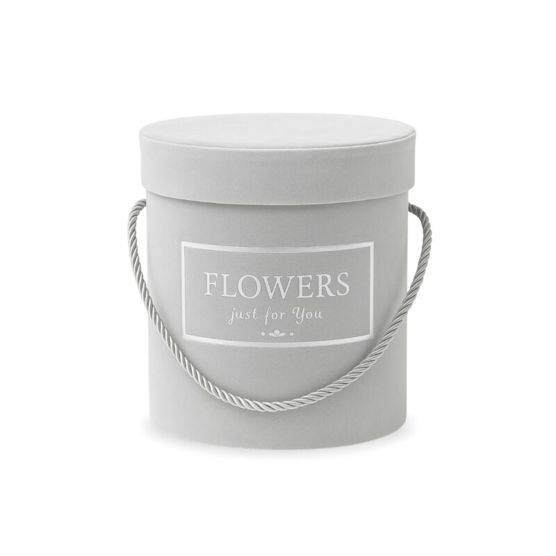 Pudełko flowerbox do kompozycji kwiatowej szare welurowe z napisem FLOWERS