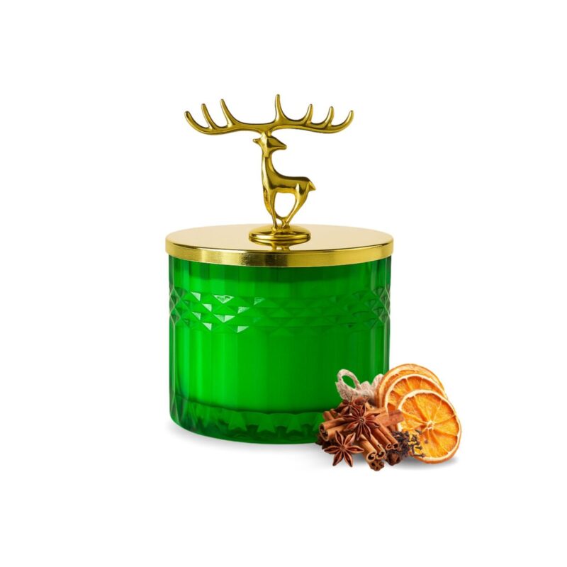 Świąteczna świeca o zapachu pomarańczy goździka i cynamonu z przepięknym reniferem ozdobnym na najlepszym wosku sojowym Y50 AAK