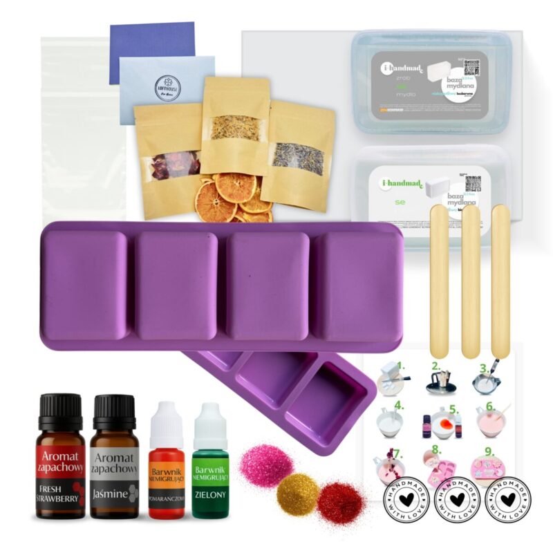 zestaw do robienia mydeł z baza mydlaną oraz uniwersalną foremką na cztery mydełka.