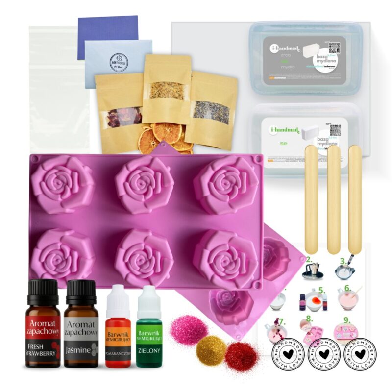 Duży zestaw do robienia mydeł glicerynowych z bazą mydlaną oraz foremką z kwiatami