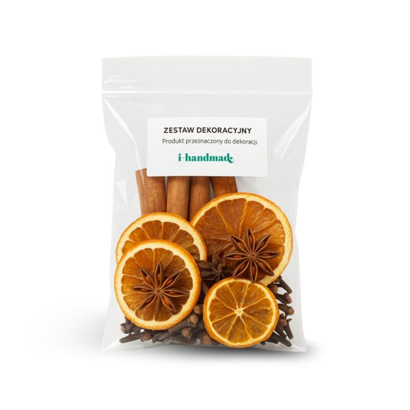zdjęcie zapakowanego zestawu odo zdobienia bazy mydlanej lub wosku sojowego w skład którego wchodzi pomarańcza suszona goździki anyż i cynamon