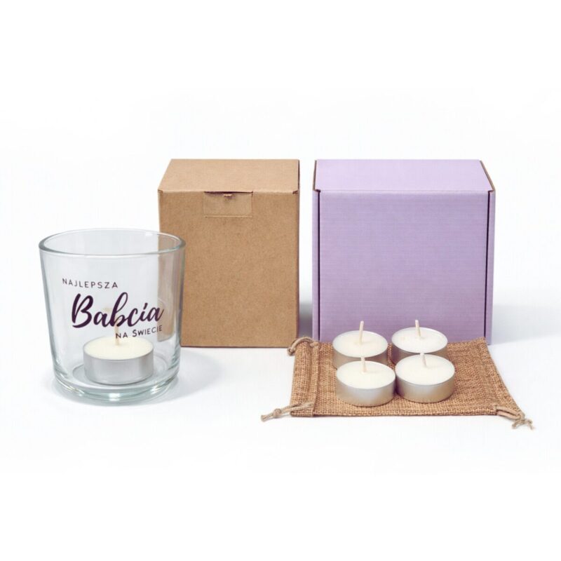Szkło z grawerem dla babci może być użyte jako świecznik do tealihta lub szkło na świece