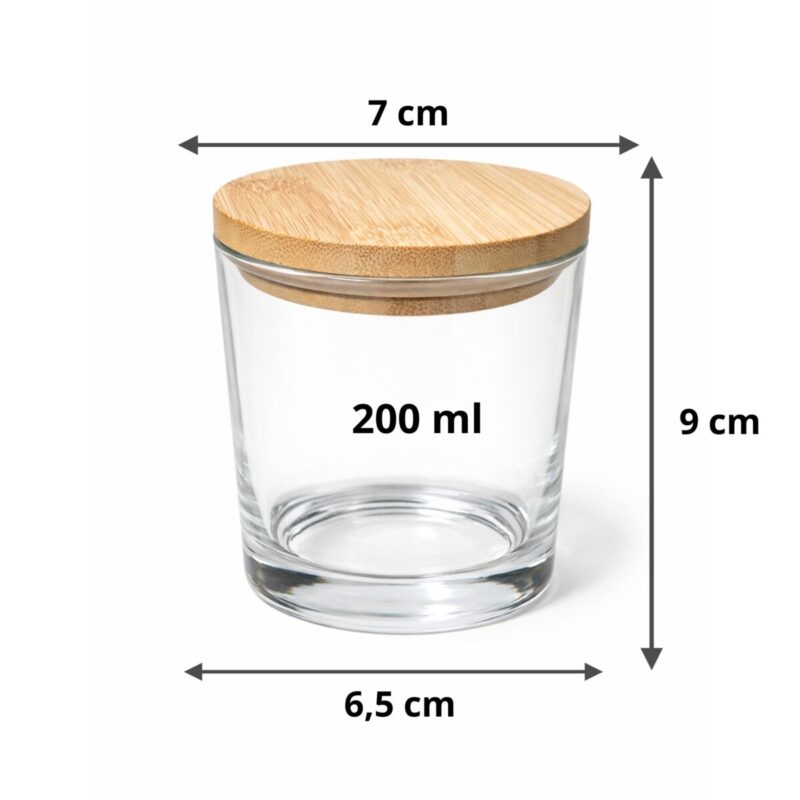 Szkło bezbarwne do zalewu świec z babusową pokrywką wymiary 9 x 7 cm