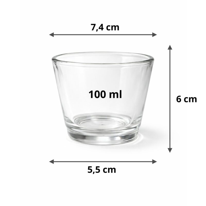 Kompaktowe, transparentne szkło o pojemności 100 ml, stworzone z myślą o małych świecach testowych, próbkach zapachowych oraz świecach typu mini / tealight w wersji premium. Wymiary 6 x 7 cm