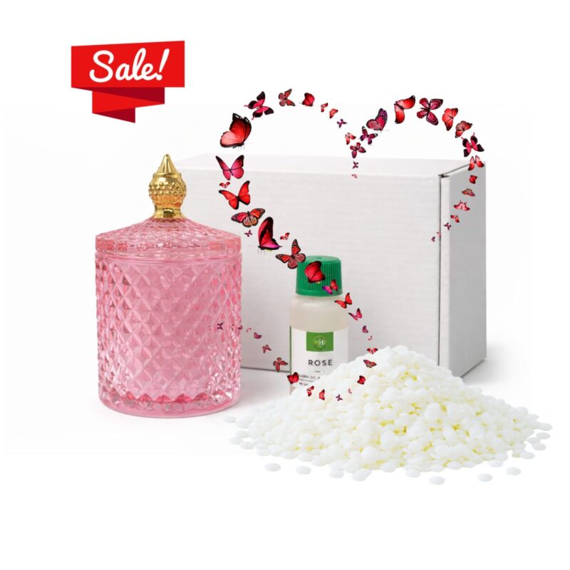 Zestaw do ronienia świec z kryształowym naczyniem koloru różowego w połysku. Pudełko wosk knot i instrukcja. Kompletny zestaw