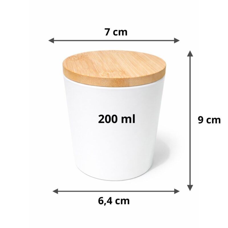 Szkło do świec biały mat 200 ml z drewnianą zakrętka wymiary 9 x 7 cm