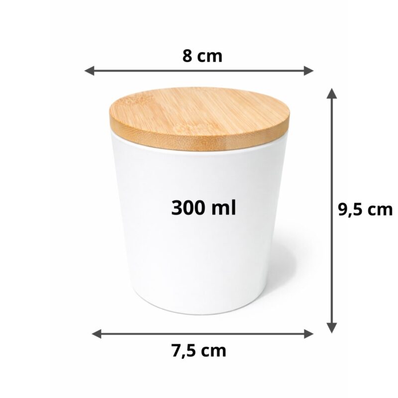Szkło do świec biały mat 300 ml z drewnianą zakrętka wymiary 9,5 x 8