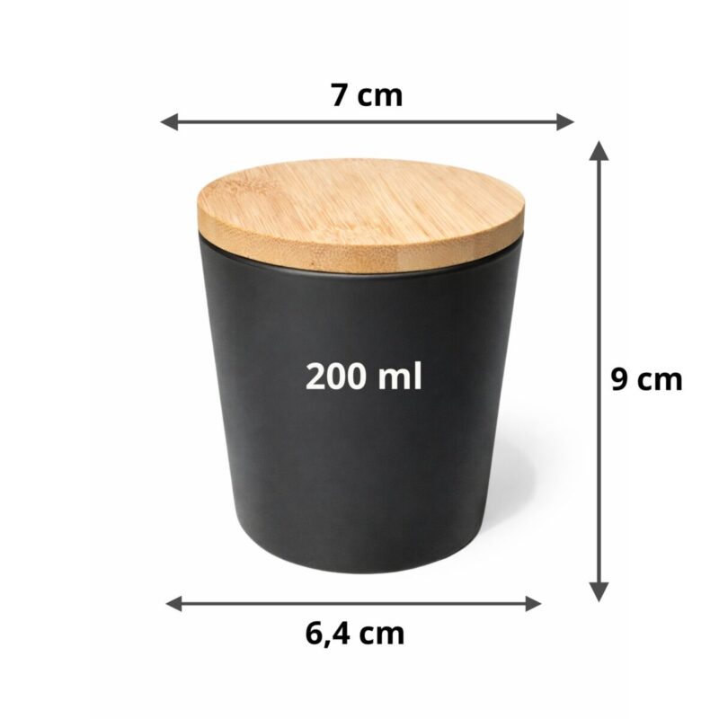 Szkło do świecy czarny mat z bambusowym wieczkiem o pojemności 200ml Wymiary 9 x 7 cm