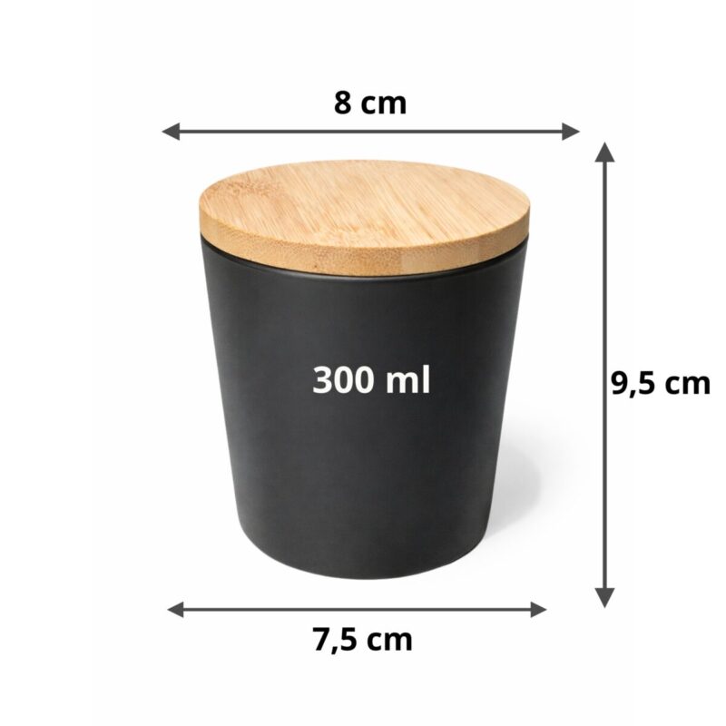 Szkło do świecy czarny mat z bambusowym wieczkiem o pojemności 300ml wymiary 9,5 x 8 cm