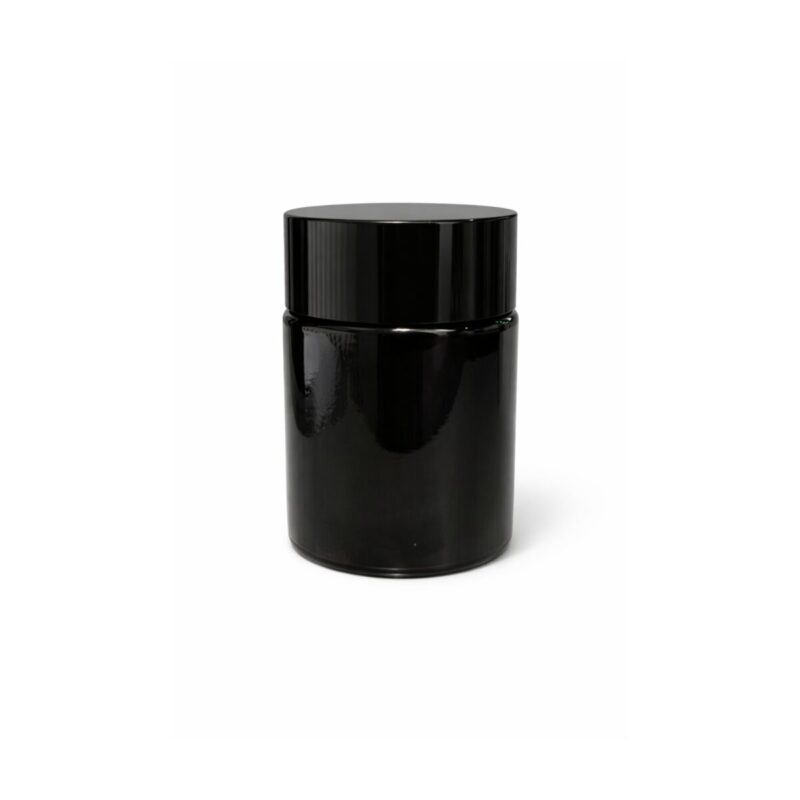 Ciemne szkło do świec oraz kosmetyków z wysoką ciemnobrązową zakrętką. Bardzo eleganckie wykończenie