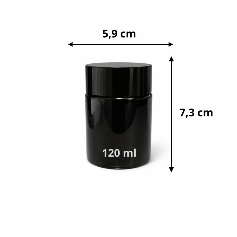 Ciemne szkło do świec lub kosmetyków o pojemności 12o ml z wymiarami szczegółowymi