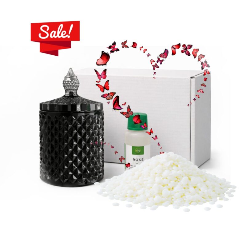 Zestaw do ronienia świec z kryształowym naczyniem koloru czarnego w połysku. Pudełko wosk knot i instrukcja. Kompletny zestaw