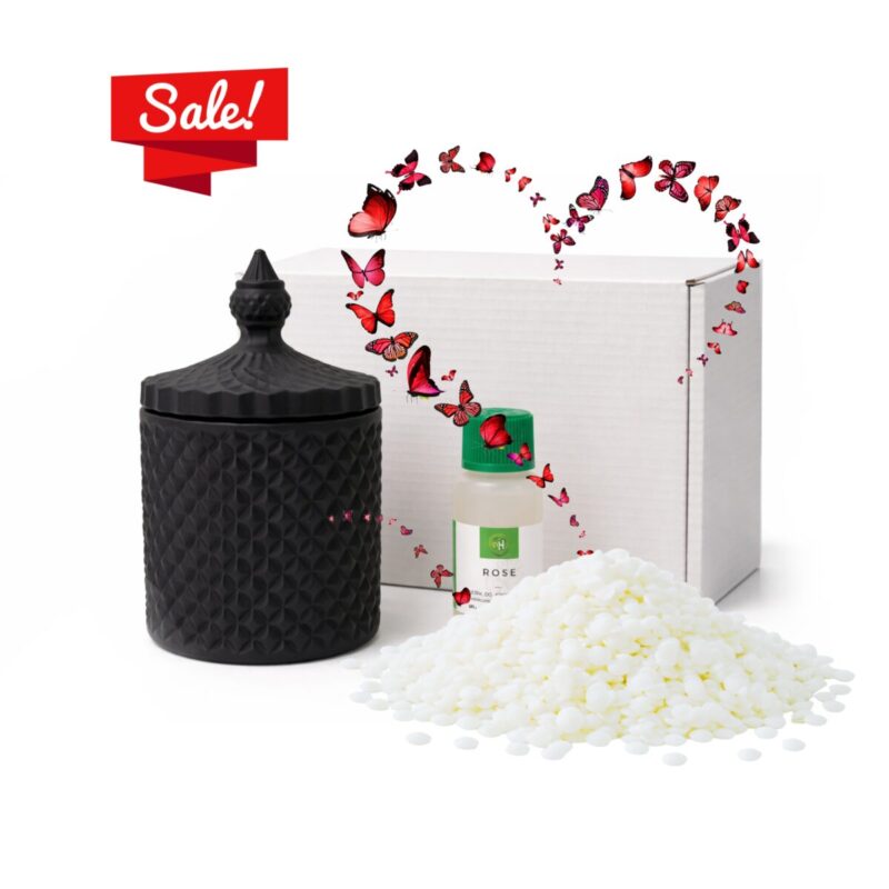 Zestaw do ronienia świec z kryształowym naczyniem koloru czarnego w macie. Pudełko wosk knot i instrukcja. Kompletny zestaw