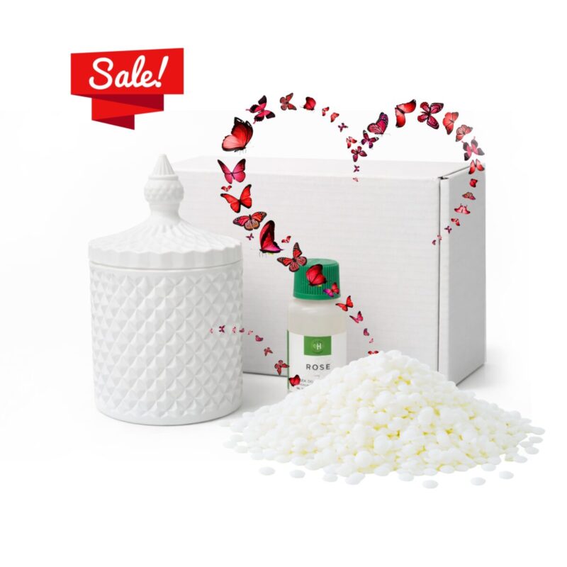 Zestaw do ronienia świec z kryształowym naczyniem koloru białego w macie. Pudełko wosk knot i instrukcja. Kompletny zestaw