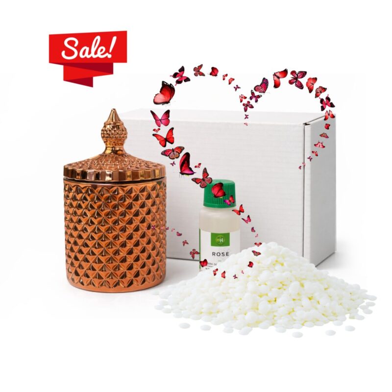 Zestaw do ronienia świec z kryształowym naczyniem koloru rmiedzianego w połysku. Pudełko wosk knot i instrukcja. Kompletny zestaw