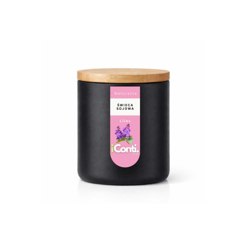 wiecą zapachowa w szkle z przykryciem drewnianym o zapachu bzu czarny mat 210g