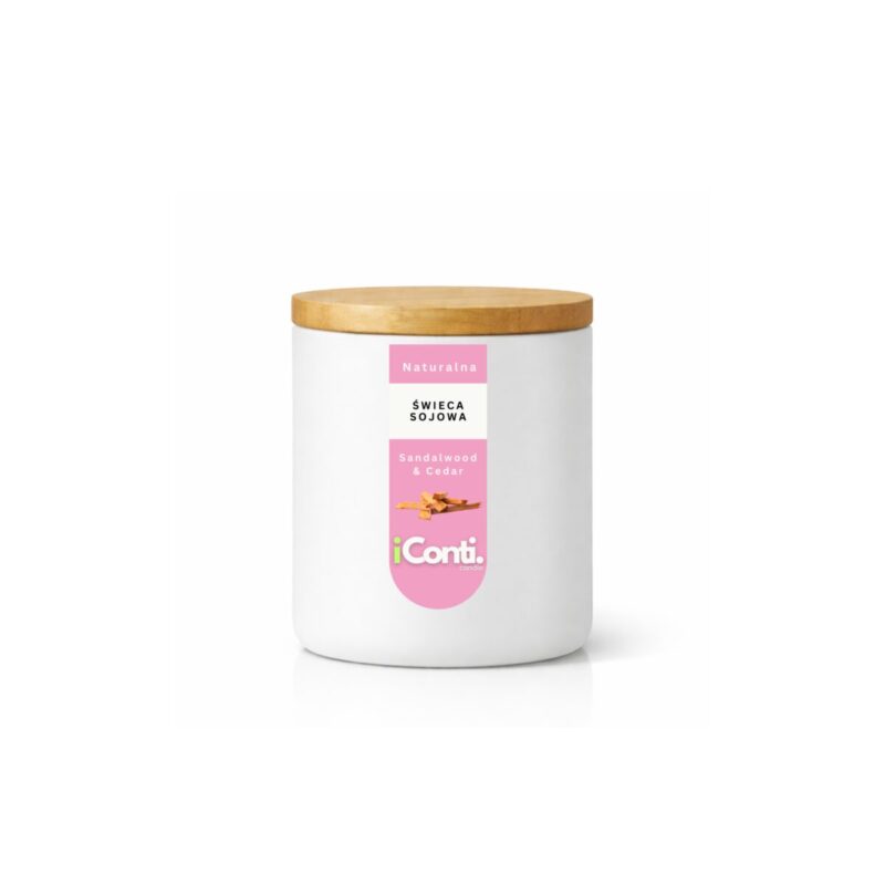 świecą sojowa zapachowa sandalwood cedar idealna na wiosnę w szklanym białym naczyniu