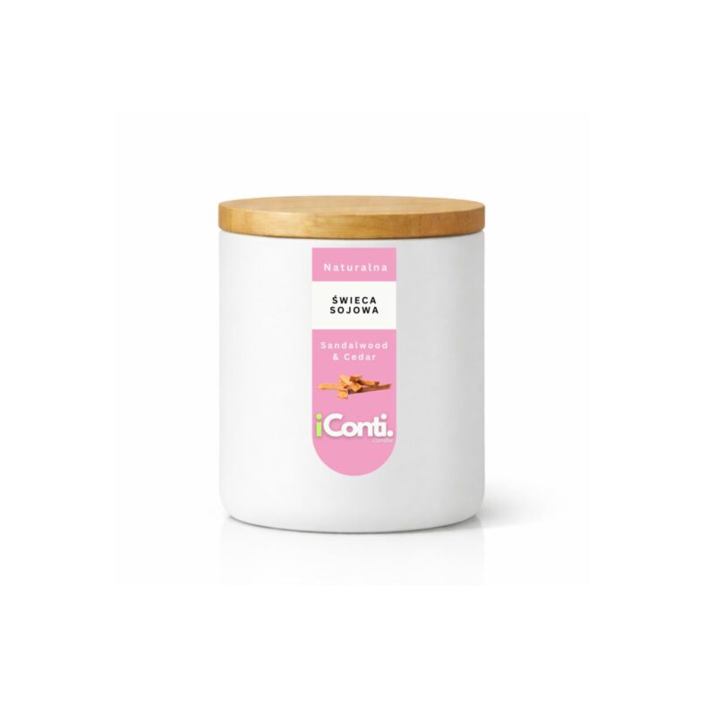świecą sojowa zapachowa sandalwood cedar idealna na wiosnę w szklanym białym naczyniu pojemność 210g