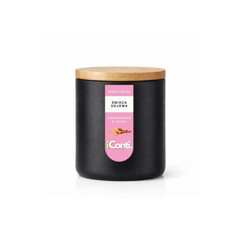świecą sojowa zapachowa sandalwood cedar idealna na wiosnę w szklanym białym naczyniu pojemność 210g czarna