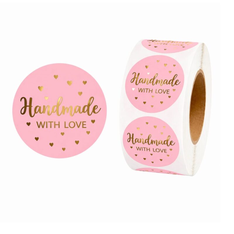 Naklejki HANDMADE with love różowe – etykiety do ozdabiania produktów