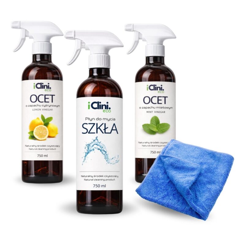 Zestaw środków czyszczących 3x750ml iClini OCET płyn do szkła + ściereczka